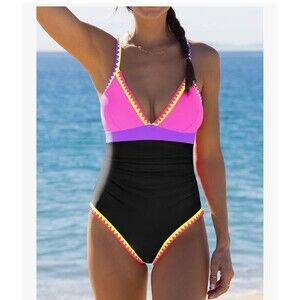 popvil Women's One Piece Swimsuit Tummy Control Slimming black neon colors L